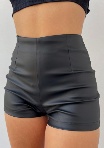 Black PU Leather High Waist Back Zip Skinny Shorts