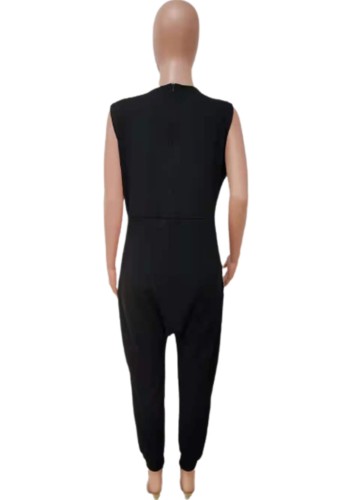 Black V-Neck Sleeveless Wide Jumpsuit with Pocket