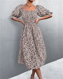 Leopard Print Grey Square Collar Puff Sleeves Long Blouson Dress