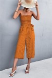 Dot Print Orange Strapless Belted Loose Jumpsuit with Pocket