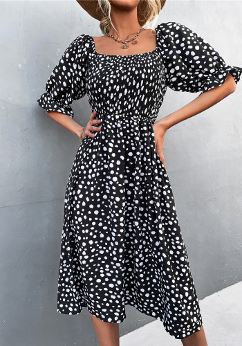 Leopard Print Black Square Collar Puff Sleeves Long Blouson Dress