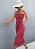 Dot Print Burgunry Strapless Belted Loose Jumpsuit with Pocket
