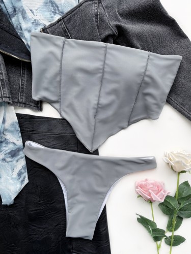 Grey Irregular Bandeau Bikini Two Piece Set