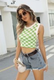 Green and White Plaid Print Knitted O-Neck Sleeveless Tank Crop Top