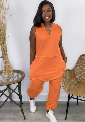 Orange V-Neck Sleeveless Wide Jumpsuit with Pocket