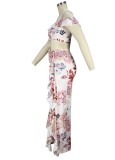 Floral Print Off Shoulder Short Sleeves Crop Top and High Waist Ruffles Long Skirt 2PCS Set