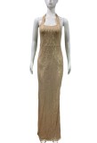 Gold Sequin Halter Sleeveless Backless Slit Maxi Dress