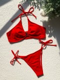 Red Metal-Ring Halter Cami Bikini Two Piece Set