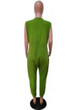 Green V-Neck Sleeveless Wide Jumpsuit with Pocket