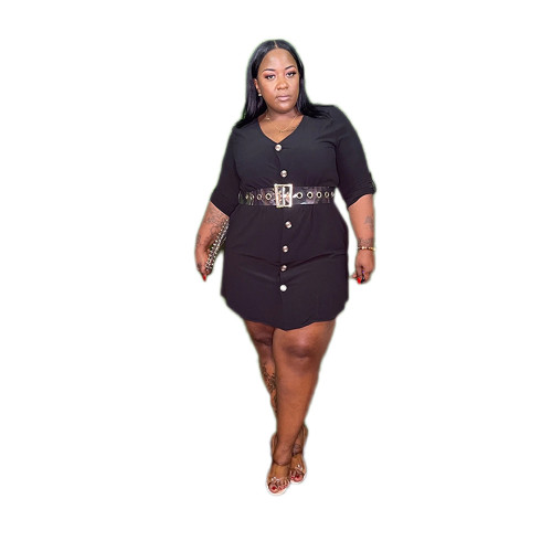 Black Buttoned Casual O Neck Plus Size Dresses with Pocket