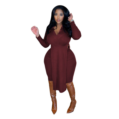 Ribbed Burgundy Slit Long Top and Pants Plus Size Two Pieces
