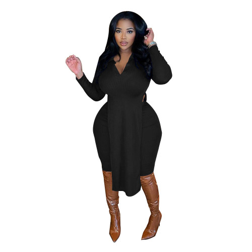 Ribbed Black Slit Long Top and Pants Plus Size Two Pieces