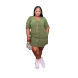 Blue Buttoned Casual O Neck Plus Size Dresses with Pocket