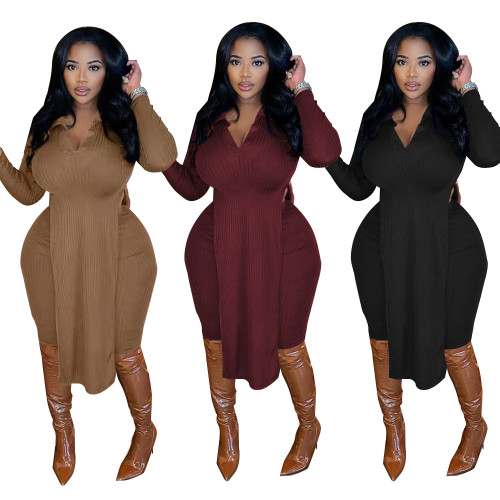 Ribbed Khaki Slit Long Top and Pants Plus Size Two Pieces