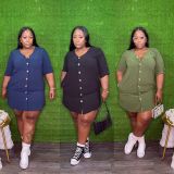 Blue Buttoned Casual O Neck Plus Size Dresses with Pocket