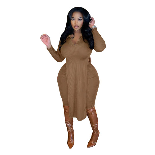 Ribbed Khaki Slit Long Top and Pants Plus Size Two Pieces
