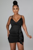 Black V-Neck Cami Ruffles Mini Dress
