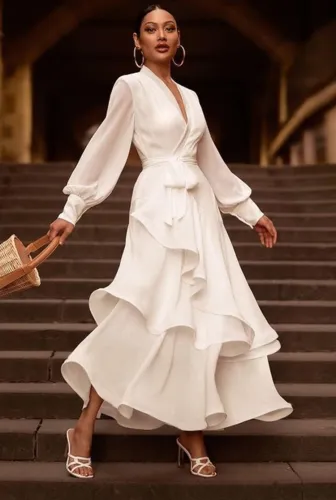 Elegant White V-Neck Long Sleeves Layered Maxi Dress with Belte