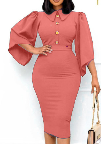 Plus Size Pink Turndown Collar Half Sleeves Button Tight Midi Tunic Dress
