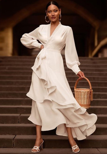 Elegant White V-Neck Long Sleeves Layered Maxi Dress with Belte