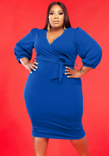 Plus Size Blue Wrap V-Neck Long Sleeve Fitted Midi Dress with Belted