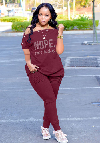 Plus Size Letter Print Burgunry Slant Shoulder Short Sleeves Button Loose Top and Pants 2PCS Set