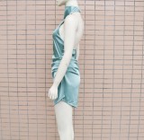 Green Silk Halter Sleeveless Mini Skinny Dress
