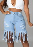 Blue High Waist Fringed Ripped Jeans Shorts with Pocket