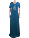 Point Print Blue V-Neck Short Sleeves Wide Maxi Dress