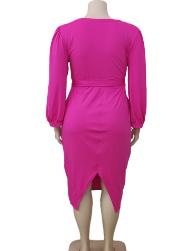 Plus Size Rose Wrap V-Neck Long Sleeve Fitted Midi Dress with Belted