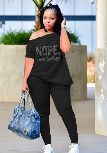 Plus Size Letter Print Black Slant Shoulder Short Sleeves Button Loose Top and Pants 2PCS Set