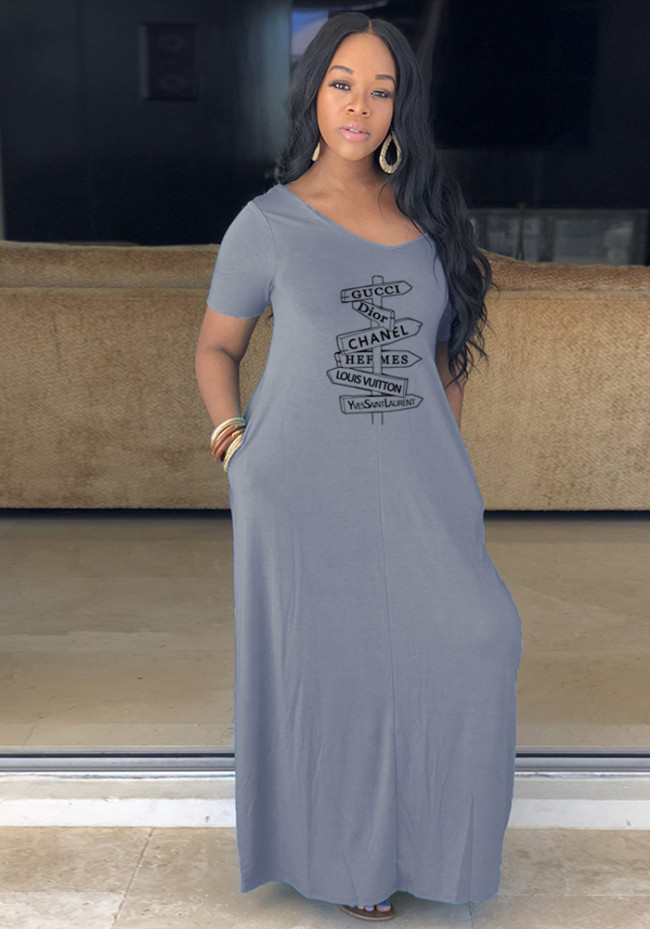 Point Print Grey V-Neck Short Sleeves Wide Maxi Dress