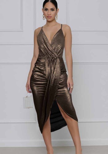 Metallic Brown V-Neck Cami Midi Dress