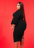 Plus Size Black Wrap V-Neck Long Sleeve Fitted Midi Dress with Belted