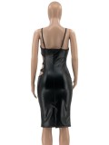 Black PU Leather Cami Sleeveless Hollow Out Slit Bodycon Midi Dress