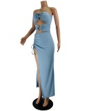 Blue O-Ring Strapless Sleeveless Hollow Out Slit Long Dress