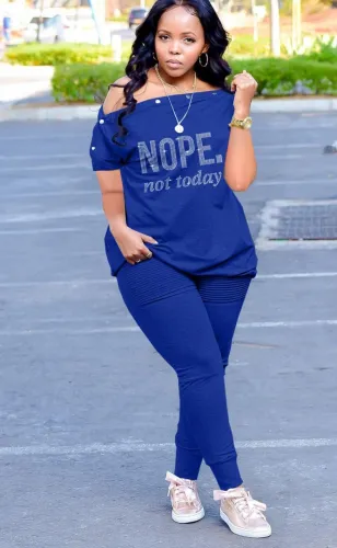 Plus Size Letter Print Blue Slant Shoulder Short Sleeves Button Loose Top and Pants 2PCS Set