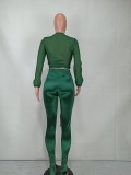 Green V-Neck Long Sleeves Crop Top and High Waist Tight Pants 2PCS Set