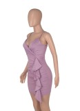 Purple V-Neck Cami Ruffles Mini Dress