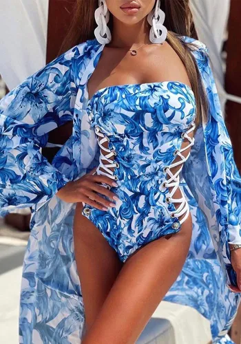 Print Blue Long Sleeve Long Cardigan and Lace Up Bodysuit 2PCS Set
