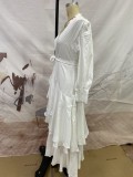 Elegant White V-Neck Long Sleeves Layered Maxi Dress with Belte