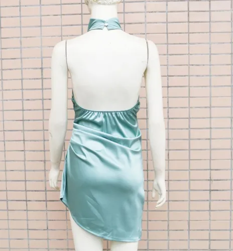 Green Silk Halter Sleeveless Mini Skinny Dress
