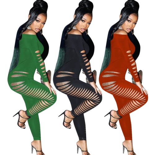 Green Hollow Out Off Shoulder Long Sleeves Bodycon Jumpsuit