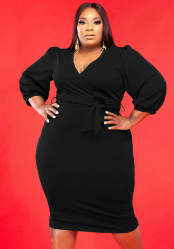 Plus Size Black Wrap V-Neck Long Sleeve Fitted Midi Dress with Belted