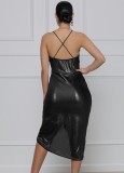 Metallic Black V-Neck Cami Midi Dress