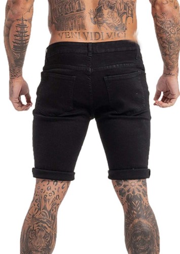 Black Low Wasit Ripped Denim Jean Shorts For Men