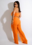 Orange Ruffles Bandeau Top and High Waist Mesh Loose Pants 2PCS Set