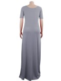 Point Print Grey V-Neck Short Sleeves Wide Maxi Dress