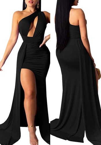 Black One Shoulder Cut Out Sleeveless Slit Maxi Dress