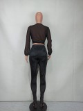 Black V-Neck Long Sleeves Crop Top and High Waist Tight Pants 2PCS Set